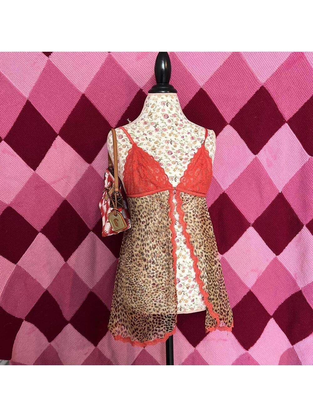 y2k cheetah print red lace babydoll top
